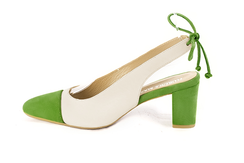 French elegance and refinement for these grass green and off white dress slingback shoes, 
                available in many subtle leather and colour combinations. This beautiful enveloping pump will fit your foot without binding it
Its rear lacing will allow you to adjust it to your liking.
To be declined according to your choice of materials and colors.  
                Matching clutches for parties, ceremonies and weddings.   
                You can customize these shoes to perfectly match your tastes or needs, and have a unique model.  
                Choice of leathers, colours, knots and heels. 
                Wide range of materials and shades carefully chosen.  
                Rich collection of flat, low, mid and high heels.  
                Small and large shoe sizes - Florence KOOIJMAN
